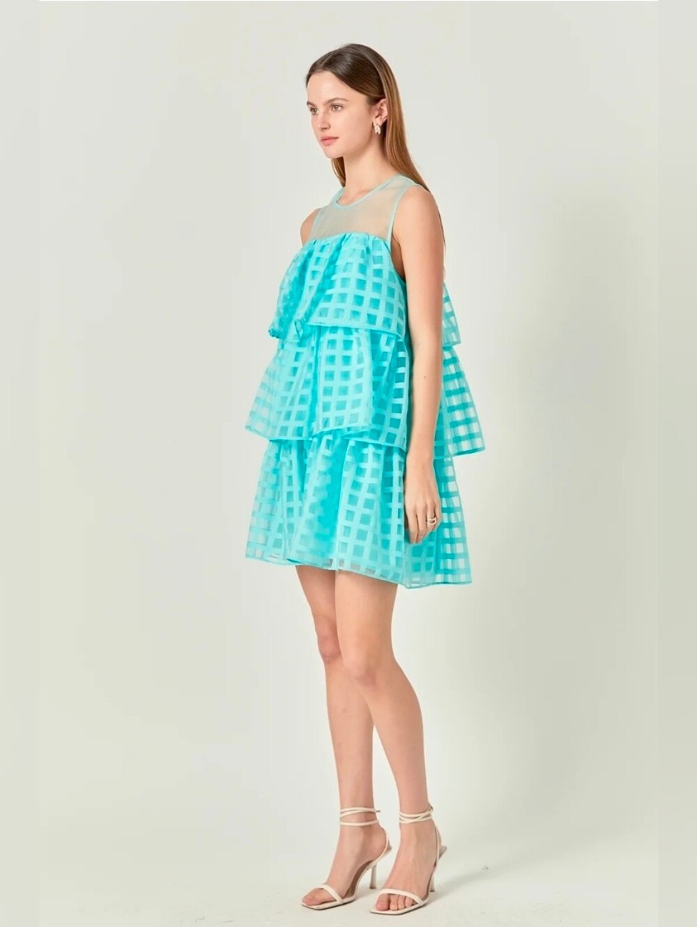 English Factory Organza Gridded Tiered Sleeveless Mini Dress Size Small